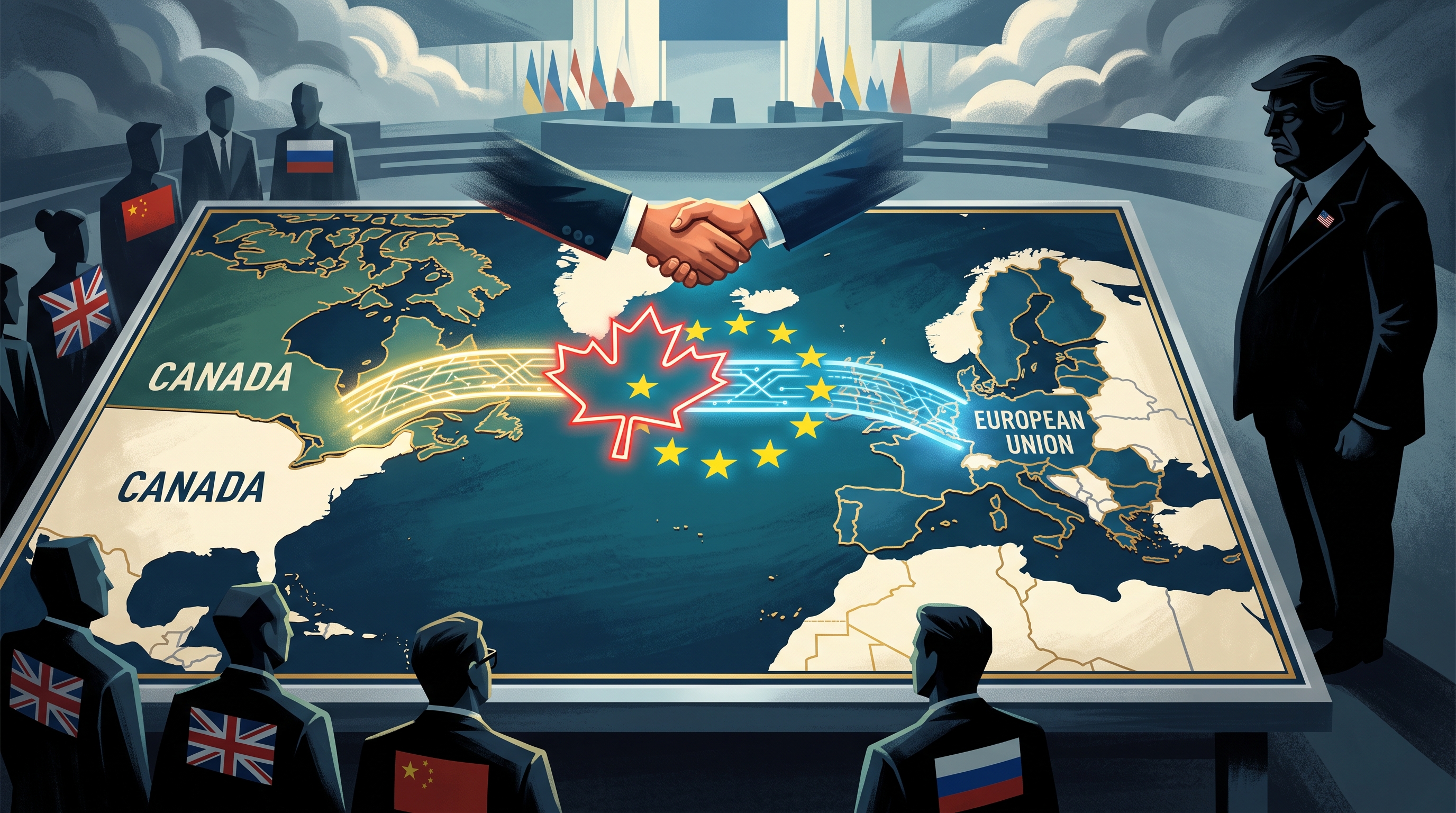 Illustration of a world map table showing a illuminated glowing link between Canada and the European Union with world leaders looking on, including Donald Trump.