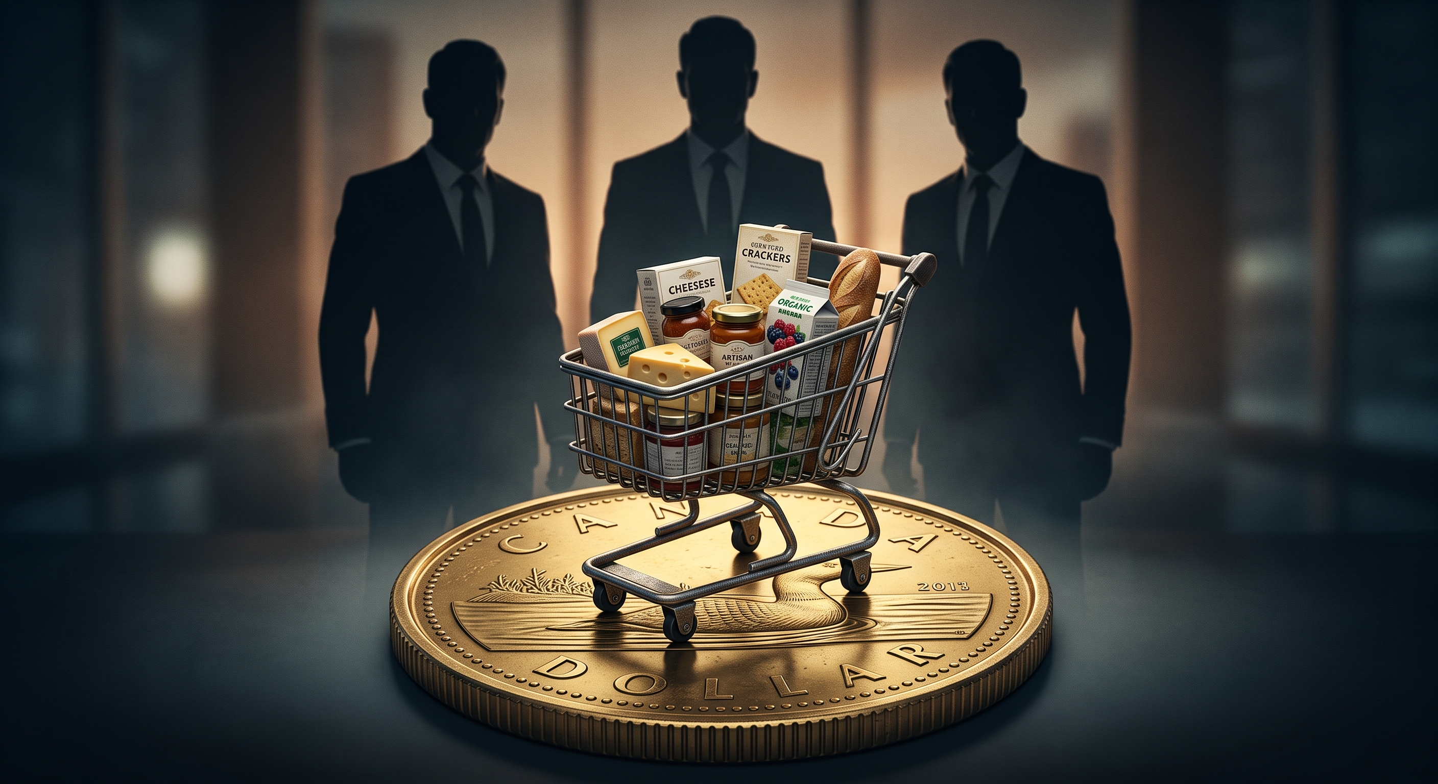 canadian-grocery-prices-oligopoly-inflation.jpg A conceptual illustration of giant corporate executives towering over a small grocery cart and a Canadian dollar, representing high food prices, shrinkflation, and grocery oligopolies in Canada.