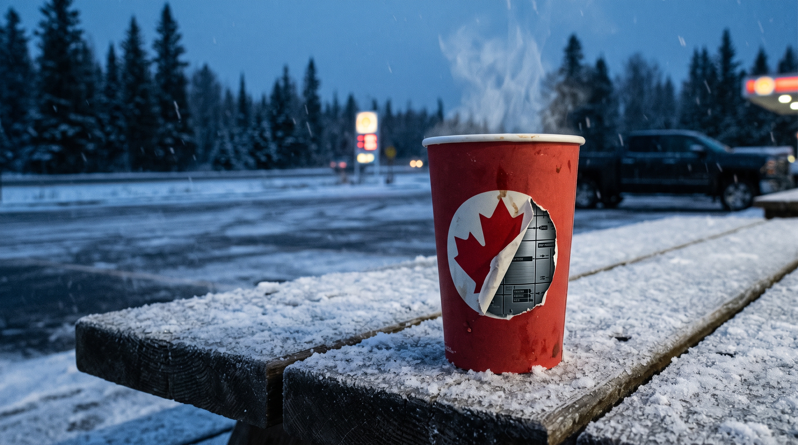 A red coffee cup on a snowy bench with a peeling maple leaf logo revealing a corporate grid.